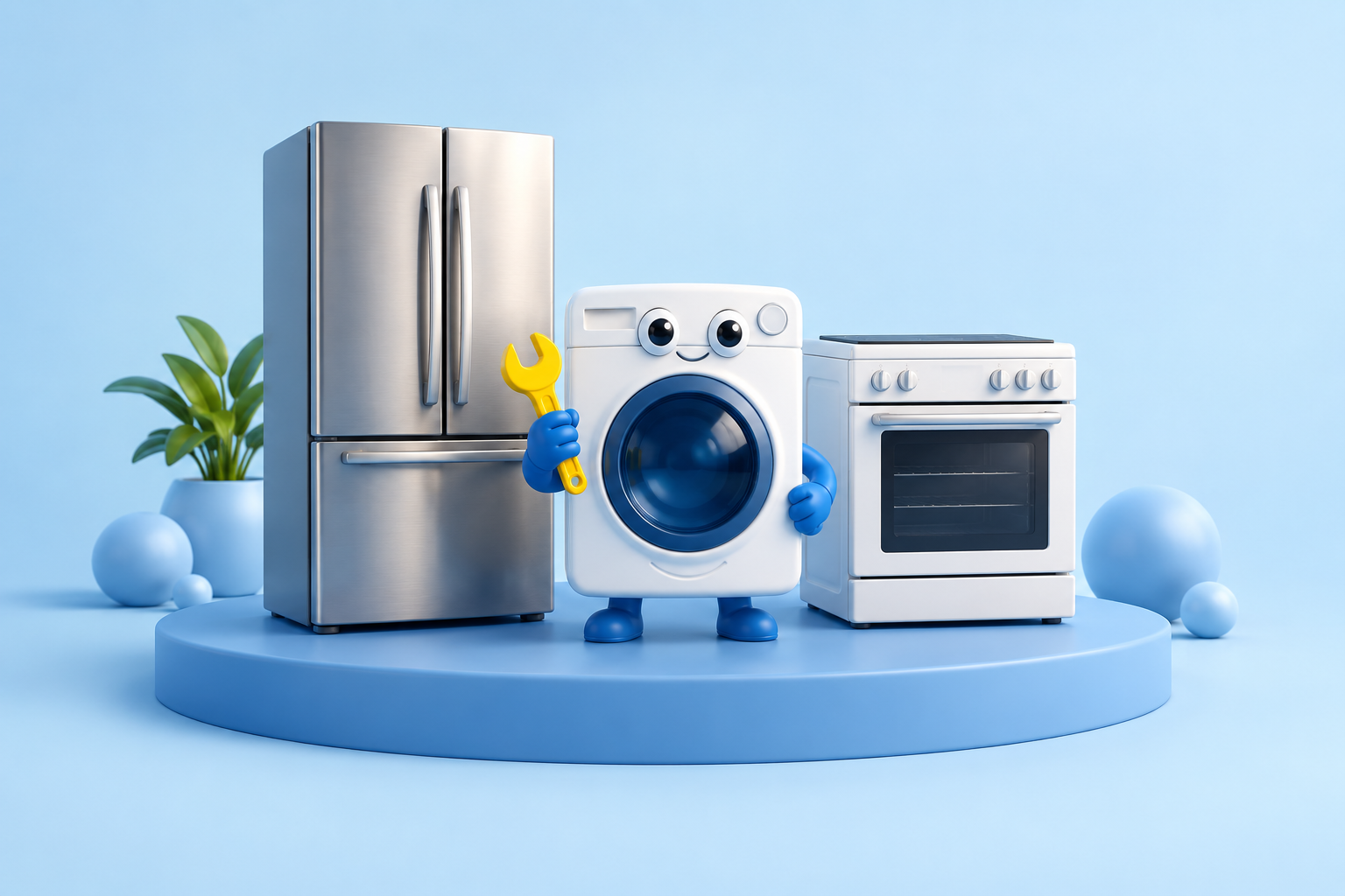 Friendly washer character with a wrench beside a refrigerator and oven